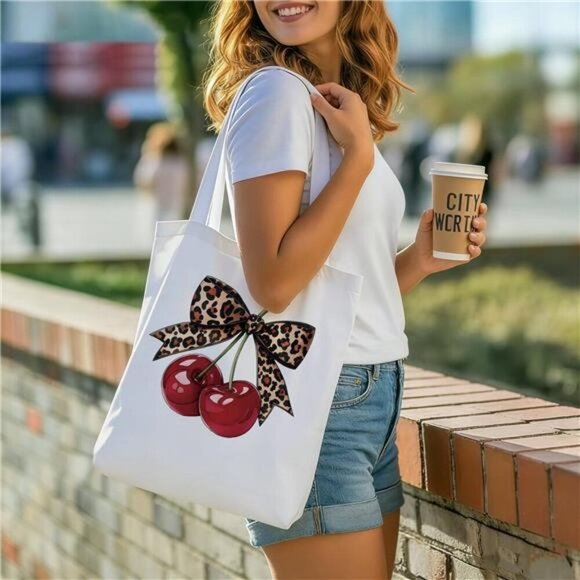 Reusable Canvas Shoulder Bag with Cherry Graphic Design - Picture 2 of 7